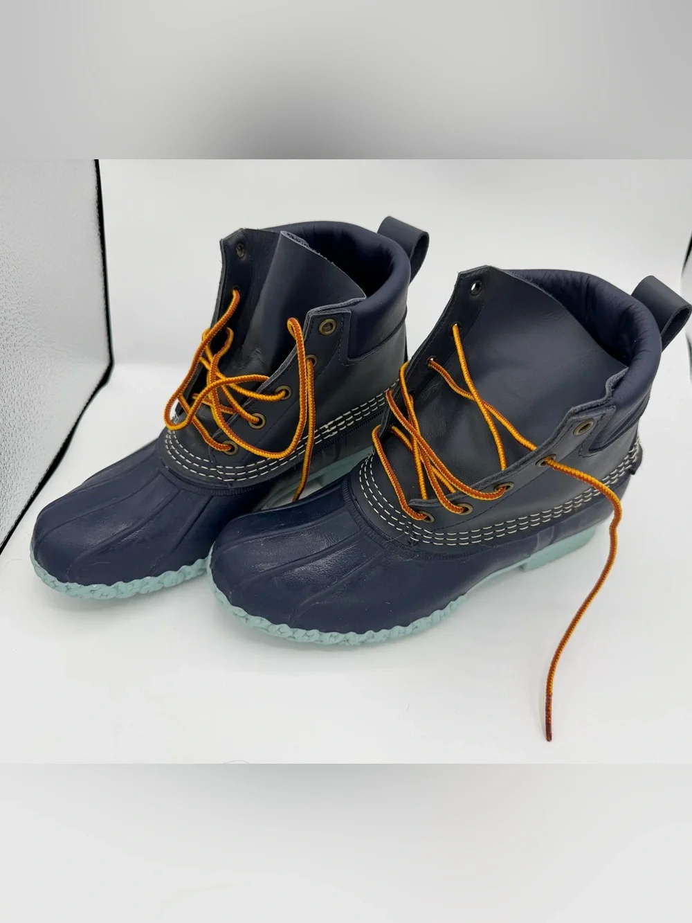 L.L.Bean Bean Boots Women’s 8 Navy Blue Leather Orange Lace Aqua Sole Maine